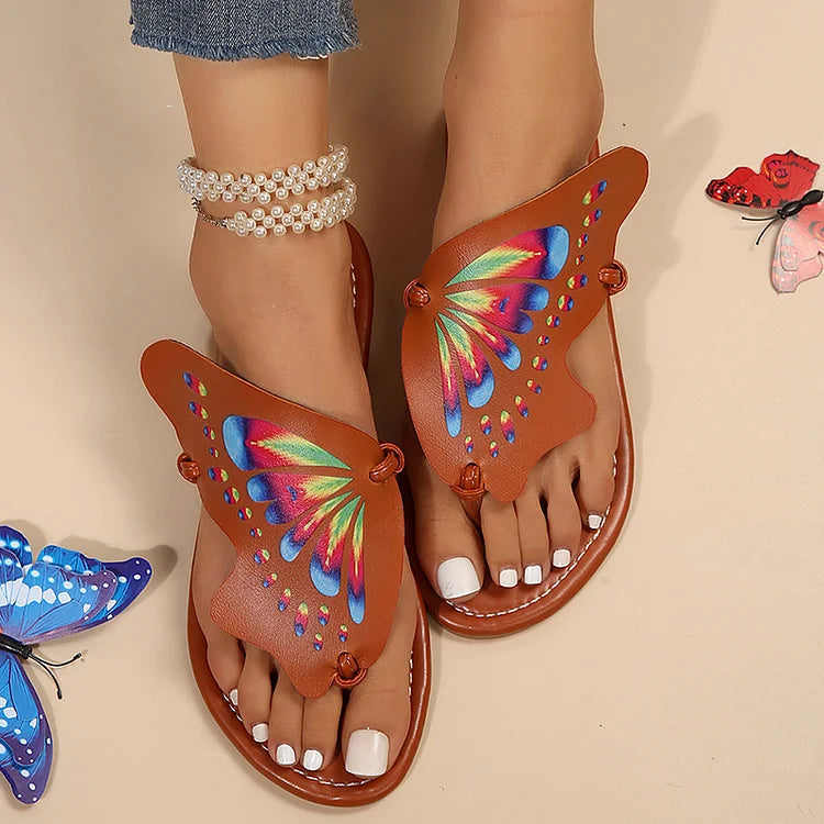 Chanclas de playa con costura y estampado de alas de mariposa arcoíris 