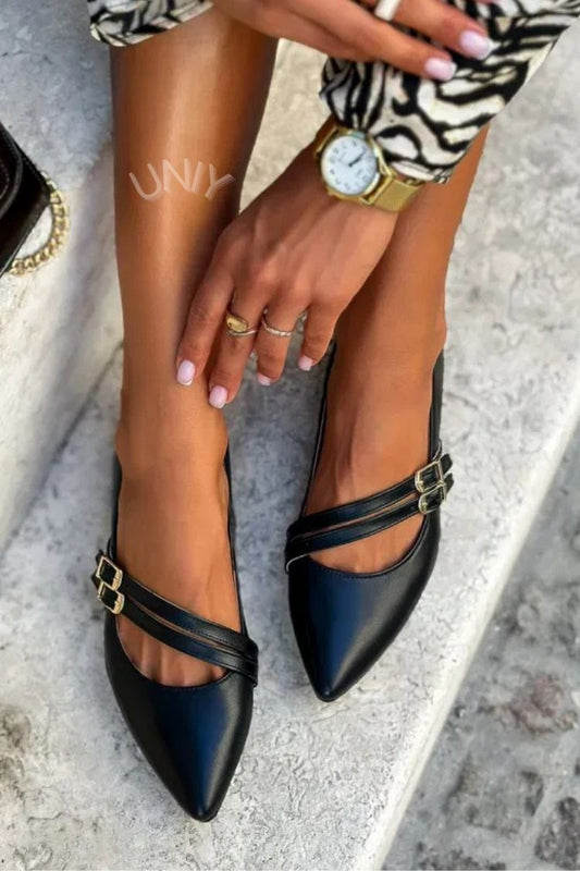 Chic Black Double Strap Buckle Pointed Toe Mary Jane Flats [Pre Order]