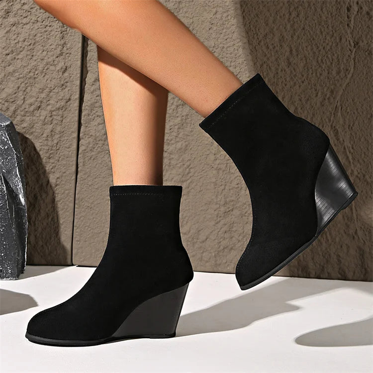 Solid Color Round Toe Wedge Heel Pull On Ankle Boots