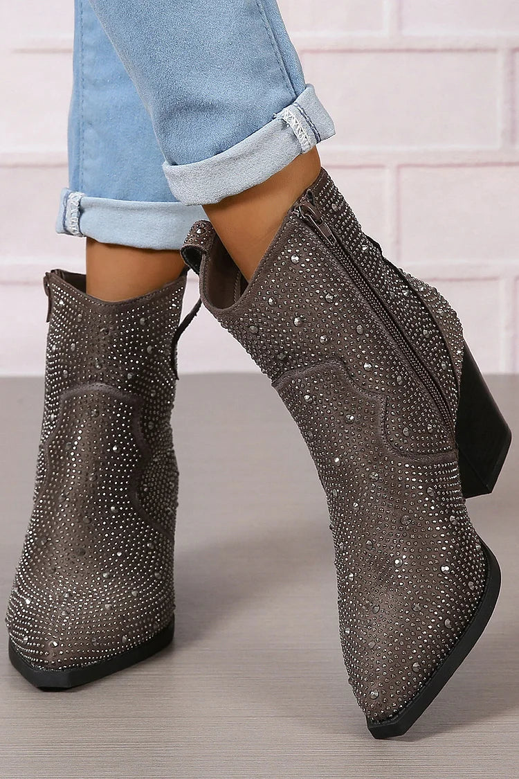 Rhinestone Decor Patchwork Zipper Pointed Toe Ankle Boots