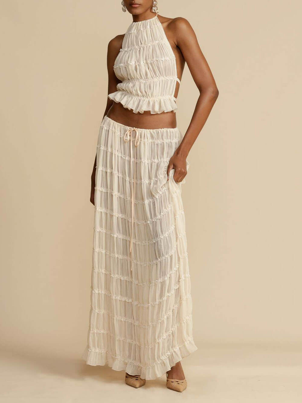 Charm Pleated Drawstring Waist Tiered Maxi Skirt set