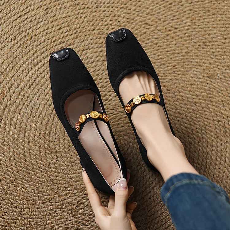 Catena con moneta in metallo, cinturino sul collo del piede, patchwork, punta quadrata, tacco spesso