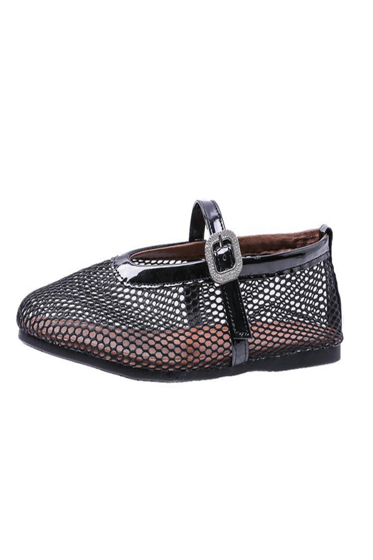 Scarpe basse casual con punta tonda traforata, cinturino sul collo del piede, fibbia e patchwork 
