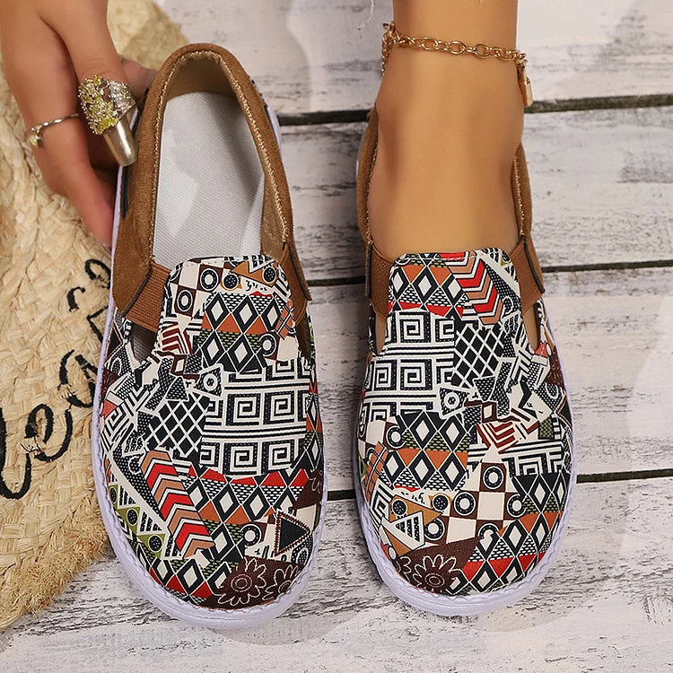 Ethnic Geo Pattern Print Cut Out Square Toe Slip On Loafers