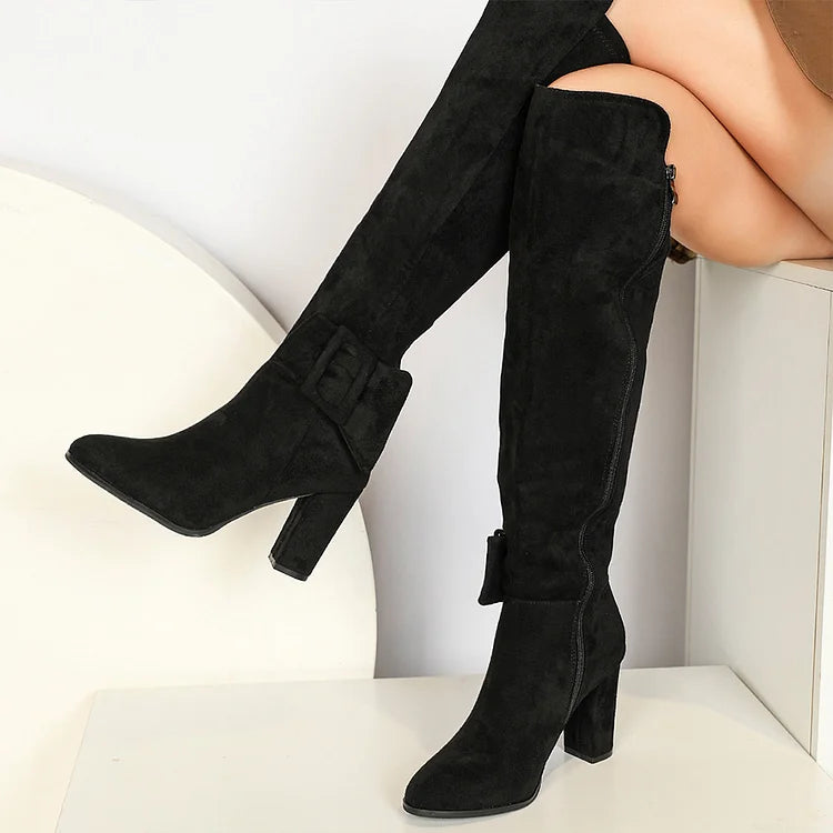 Irregular Edge Buckle Solid Color Pointed Toe Chunky Heel Knee High Boots