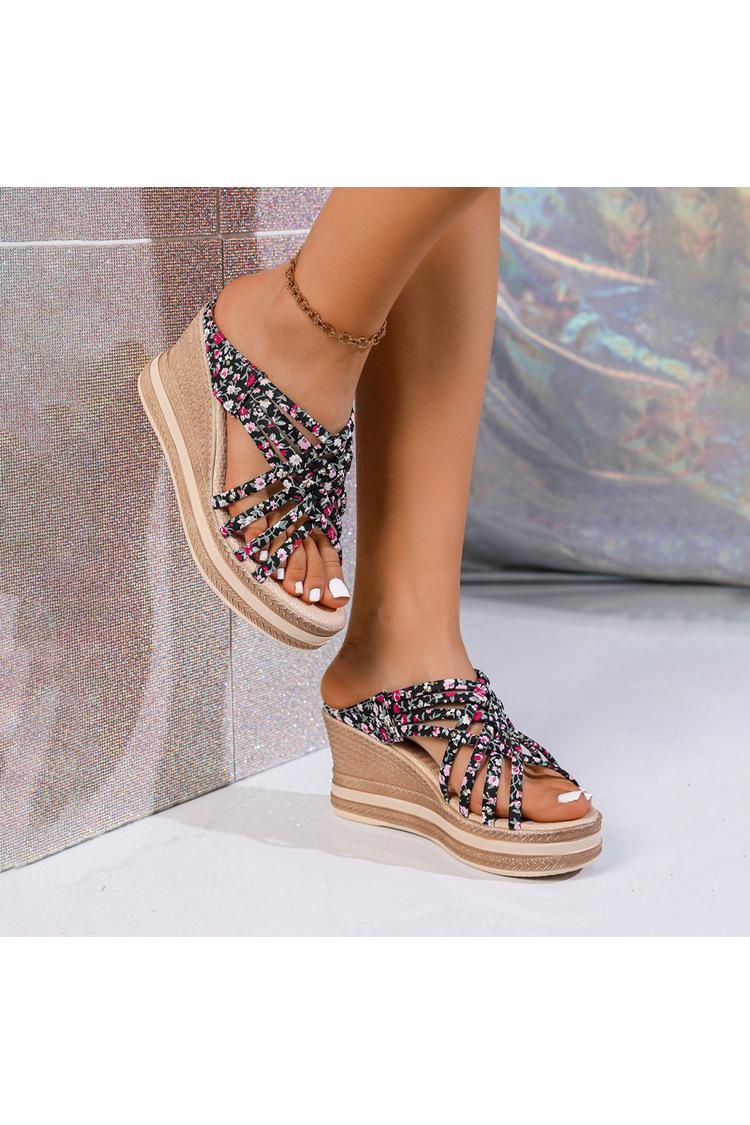 Sandalias de cuña con punta redonda, tiras tejidas y estampado floral