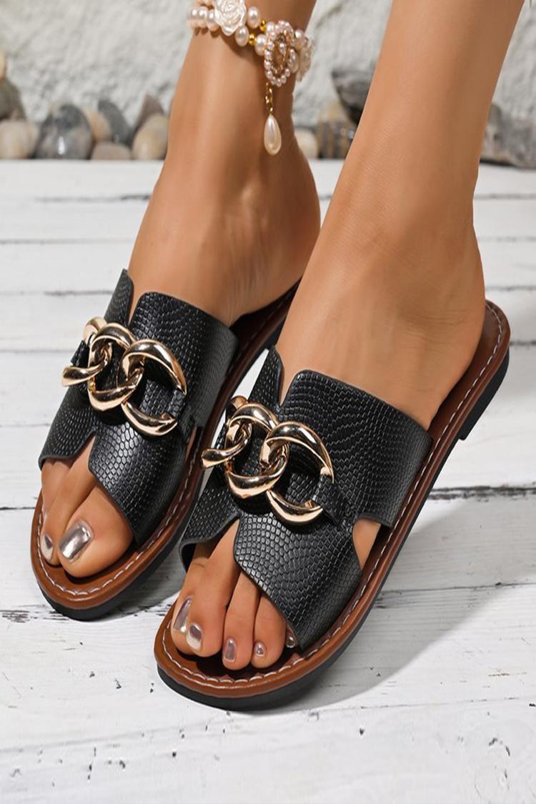 Pantofole casual con punta rotonda e stampa serpente con decorazione a catena in metallo