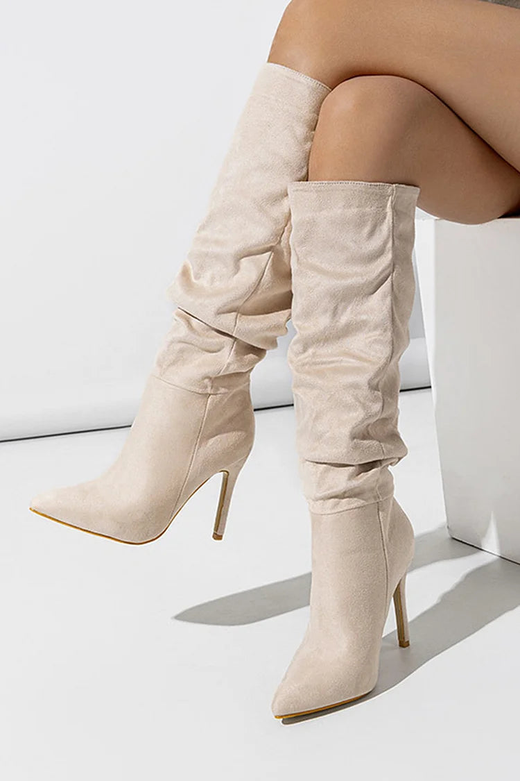 Solid Color Pointed Toe Stiletto Heel Pull On Slouch Knee High Boots