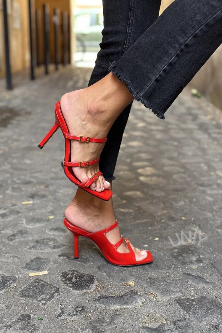 Einfarbige Quadratische Spitze Dreifachriemen Stiletto Heel Mules [Vorbestellung]