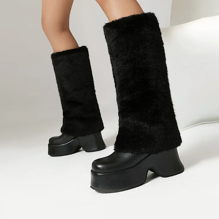 Faux Fur Trim Round Toe Chunky Heel Platform Long Boots