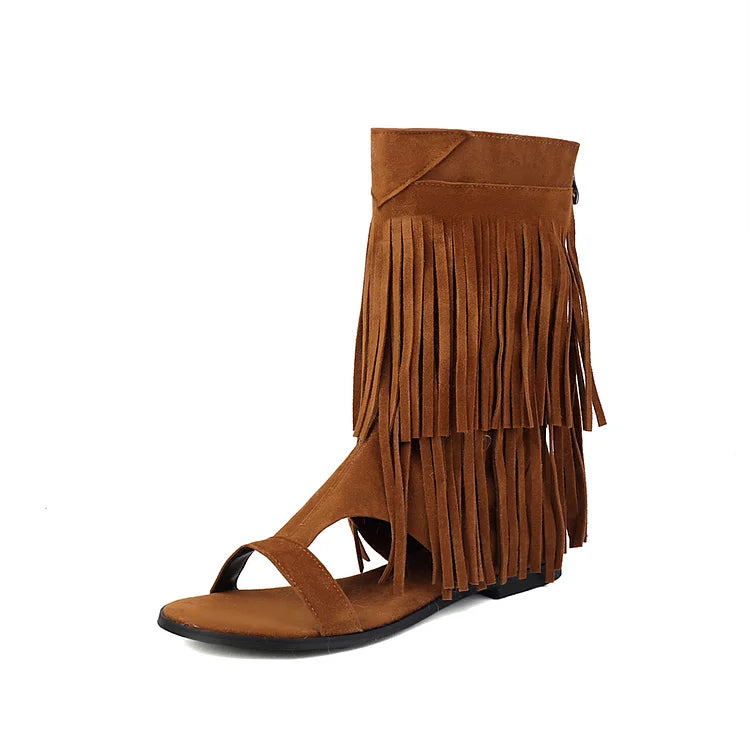 Sandały botki na wysokim obcasie z zamkiem błyskawicznym, odkrytymi palcami, ozdobione frędzlami w jednolitym kolorze