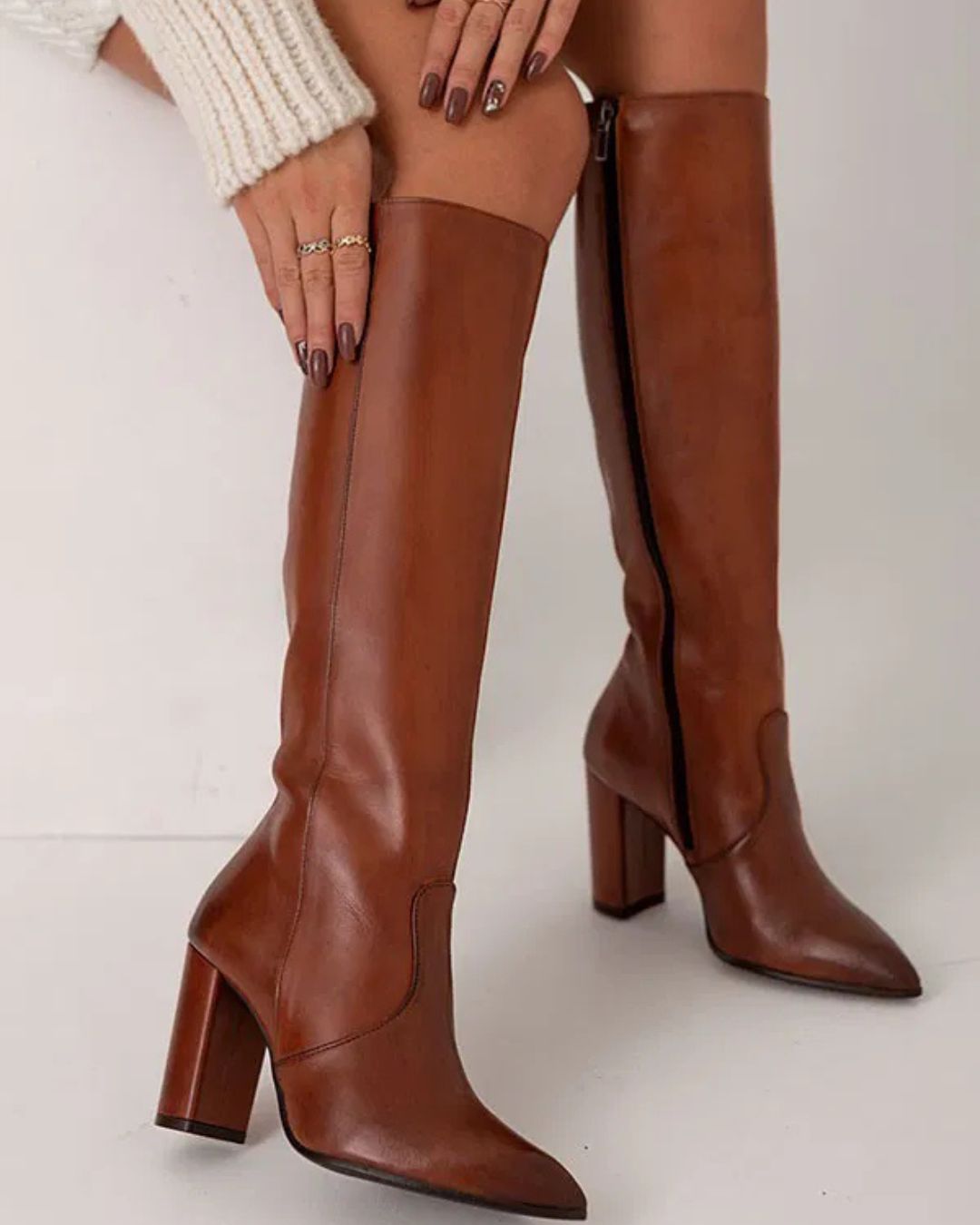 Stivali classici marroni con punta a punta e tacco a blocco alti fino al ginocchio [Pre-ordine] 