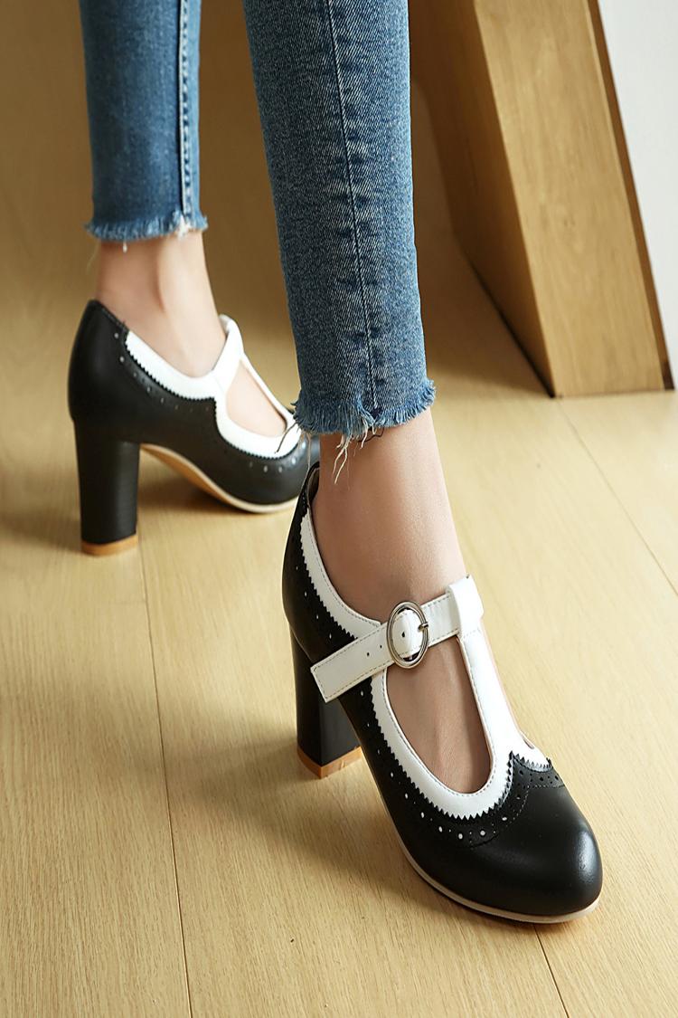 Colorblock T-Strap Buckle Round Toe Elegant Chunky Heels