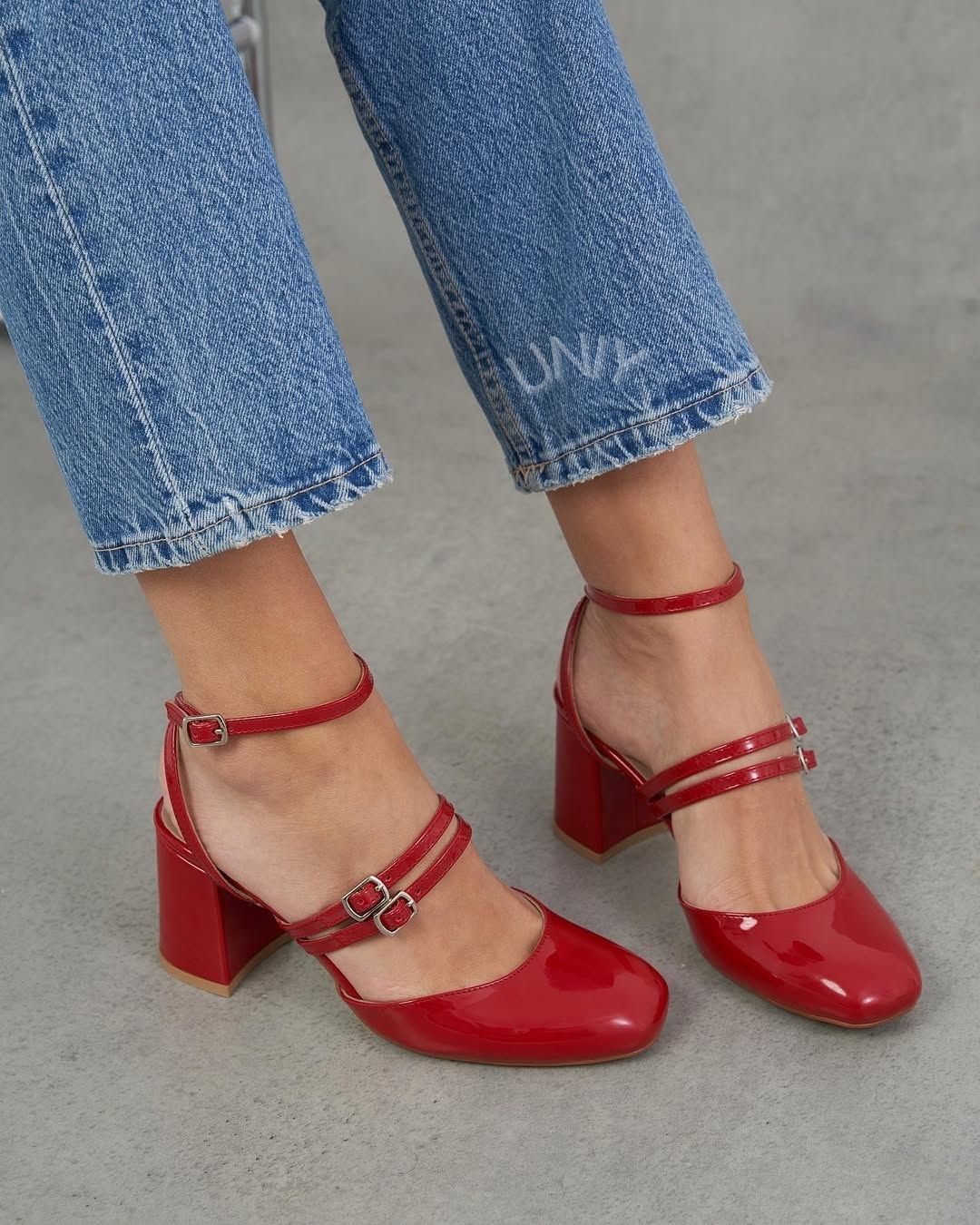Red Patent Leather Triple Strap Block Heel Mary Jane Pumps [Pre Order]