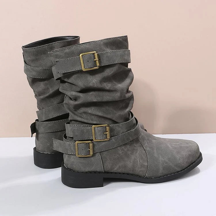 Einfarbige mittelhohe Stiefel mit mehreren Riemen und Schnallen im Patchwork-Stil und runder Zehenpartie