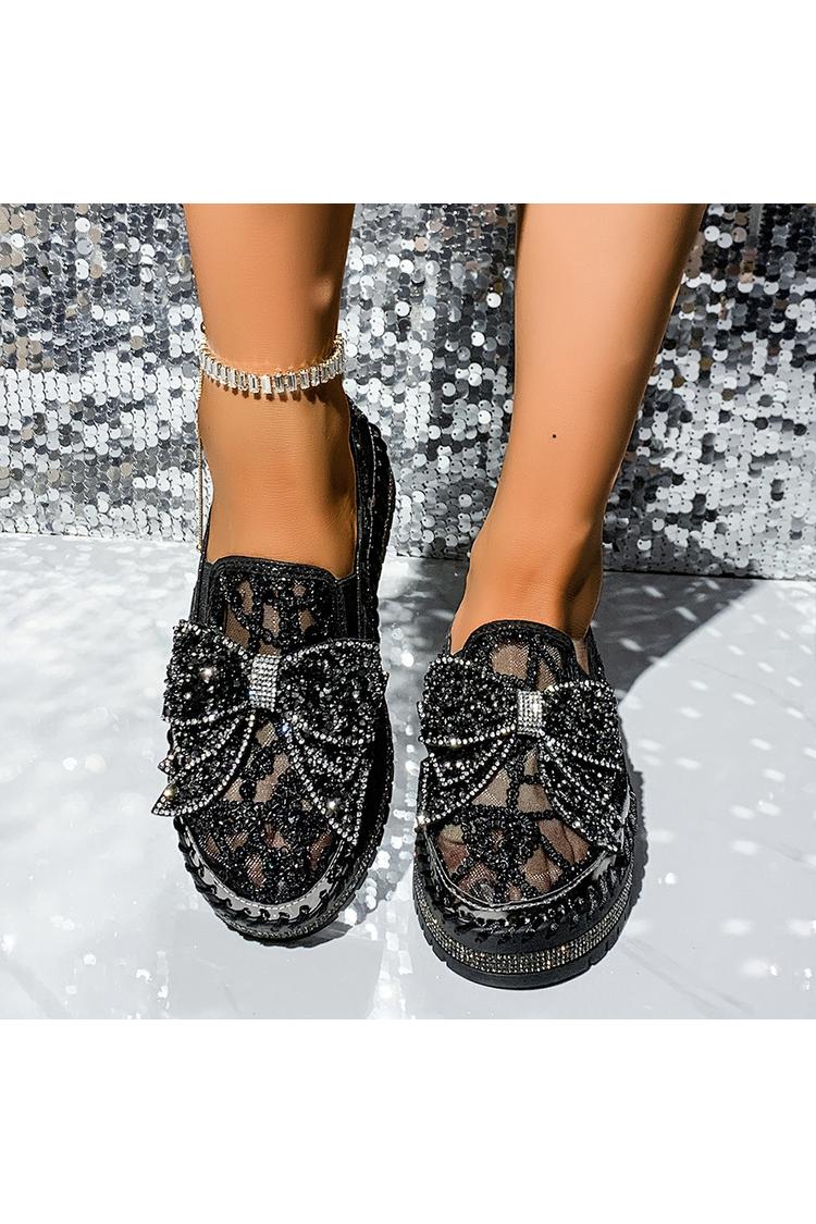 Strass Schleifen Dekor Mesh Runde Zehen Freizeit Plateau Slipper