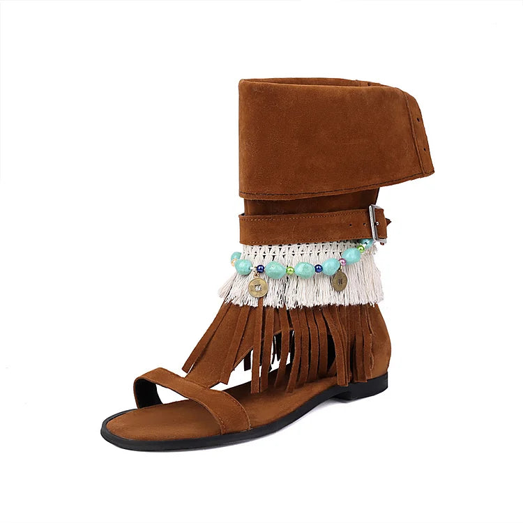 Koronkowe sandały na wysokiej platformie z odkrytymi palcami, ozdobione koralikami, kolorowymi blokami i frędzlami, z wiązaniem i cholewką typu botki