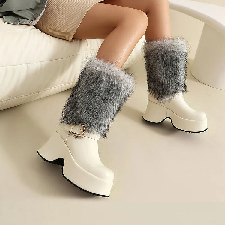 Strap Buckle Decor Faux Fur Round Toe Chunky Heel Platform Mid Boots