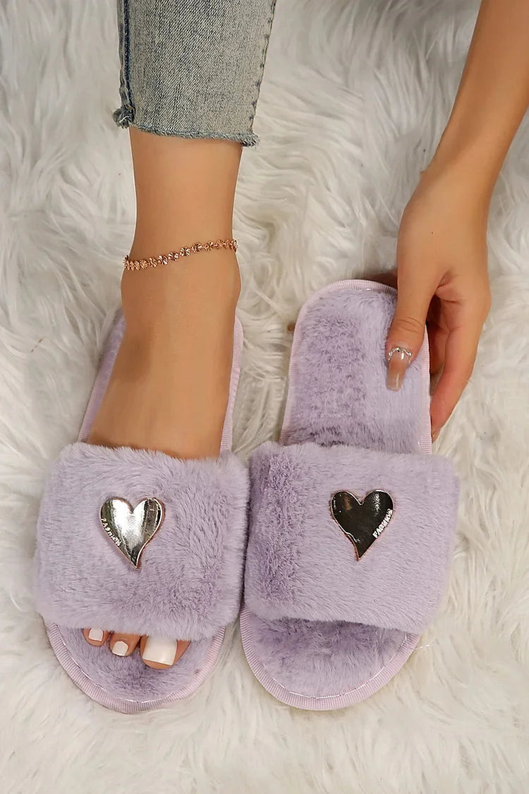 Metal Heart Decor Round Toe Faux Fur Fluffy Slippers