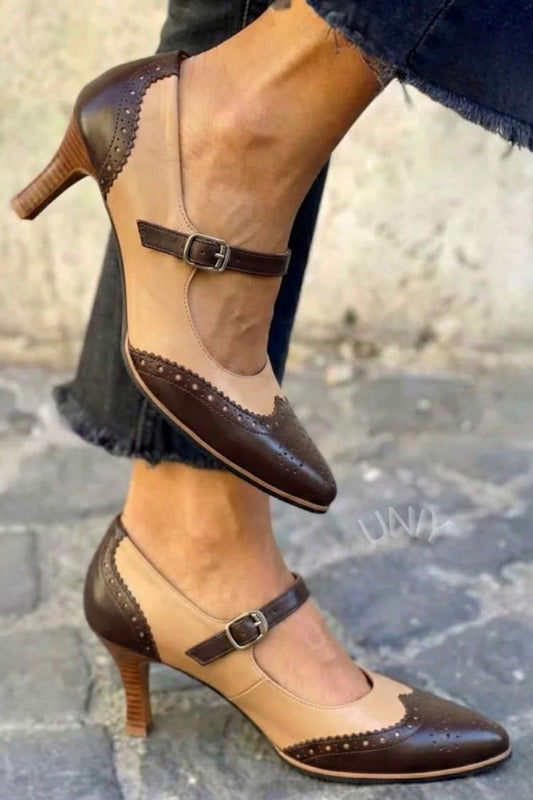 Elegant Bicolor Brown Wingtip Ankle Strap Block Heels [Pre Order]