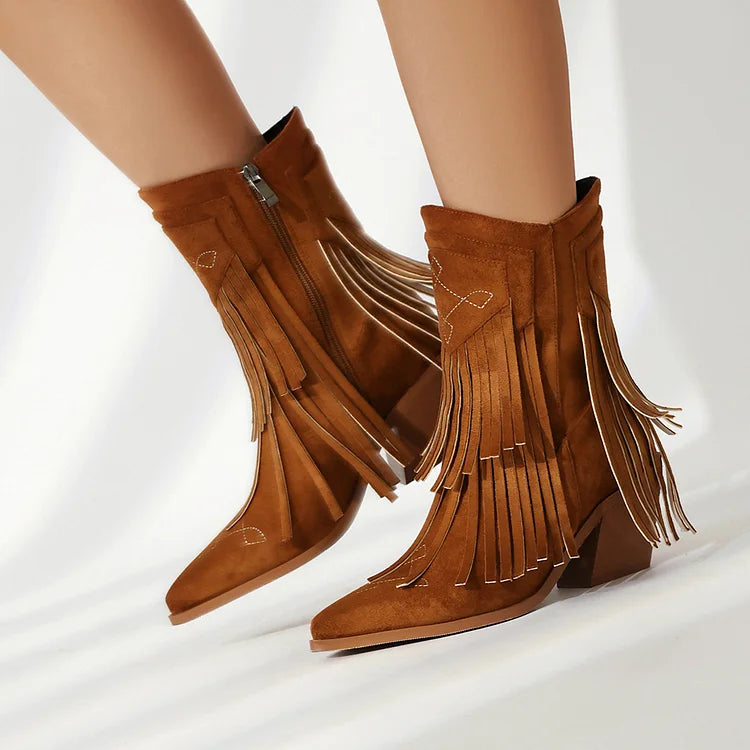 Multicolor Fringed Trim Zipper Pointed Toe Chunky Heel Western Boots