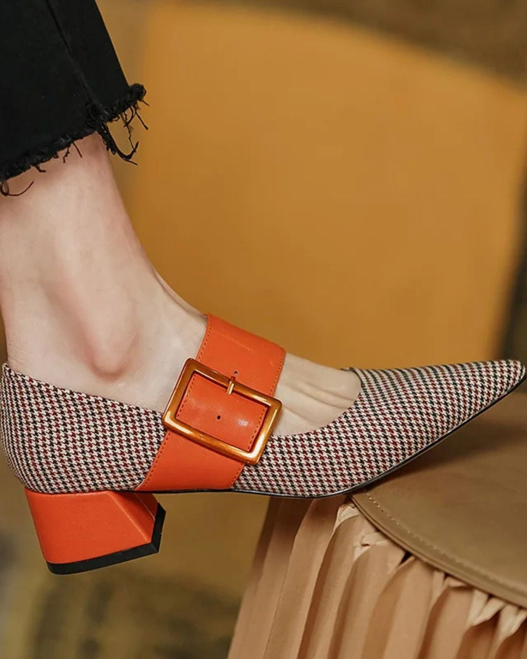 Hahnentritt Patchwork Spitz zulaufende Zehe Breite Schnalle Blockabsätze [Vorbestellung]