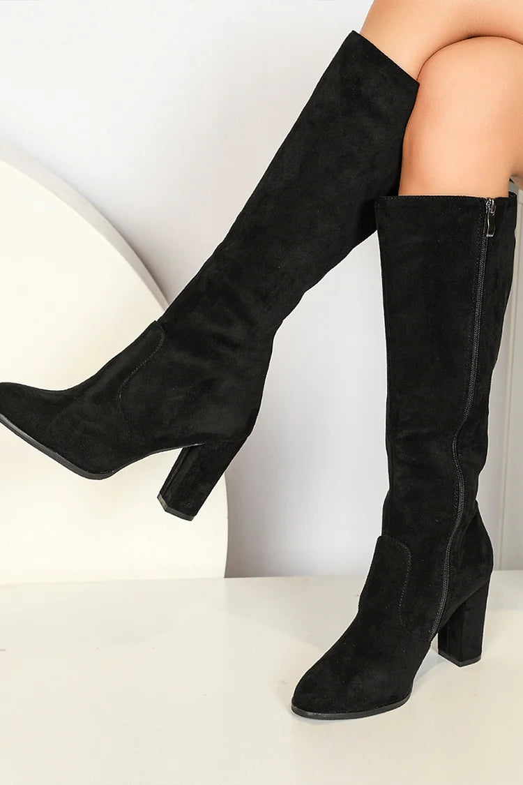 Solid Color Patchwork Pointed Toe Chunky Heel Zipper Knee High Boots