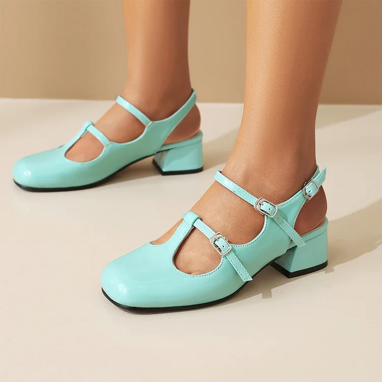 Cinghie sul collo del piede, fibbie, tinta unita, punta quadrata, cinturino posteriore, tacco grosso