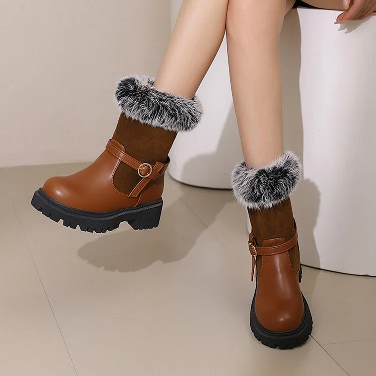 Patchwork Strap Buckle Decor Faux Fur Trim Round Toe Chunky Heel Ankle Boots