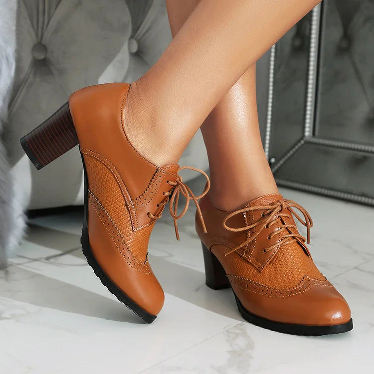 Metallic Sheen Patchwork Round Toe Lace Up Chunky Heels