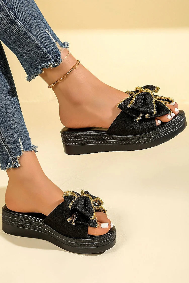Contrast Trim Bow Decor Round Toe Casual Platform Slippers