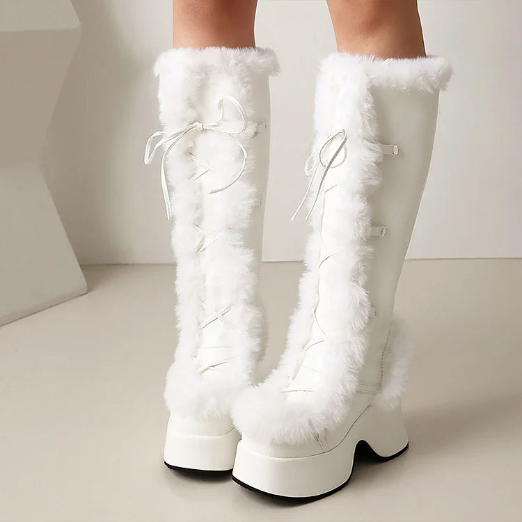 Fluffy Trim Lace Up Round Toe Chunky Heel Platform Snow Boots