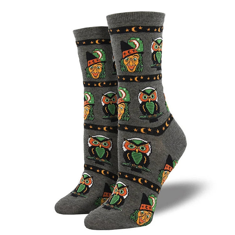 Calcetines de media pantorrilla con estampado de esqueleto, búho, calabaza, hoja de arce y bruja para Halloween 