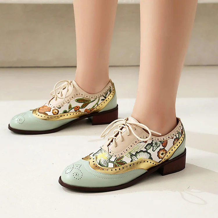 Floral Print Colorblock Patchwork Rundspitze Schnür-Brogue Oxfords