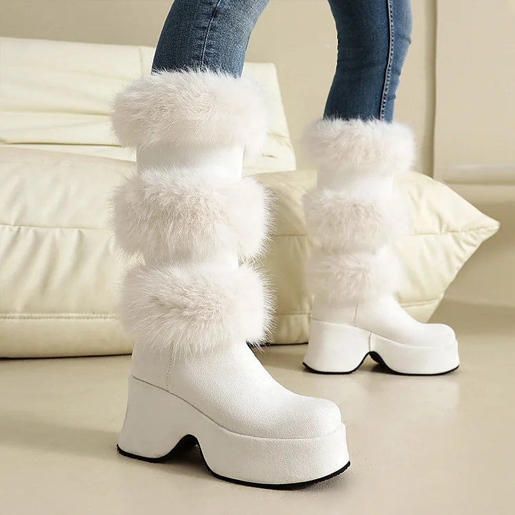 Colorblock Fluffy Trim Round Toe Chunky Heel Platform Mid Calf Boots