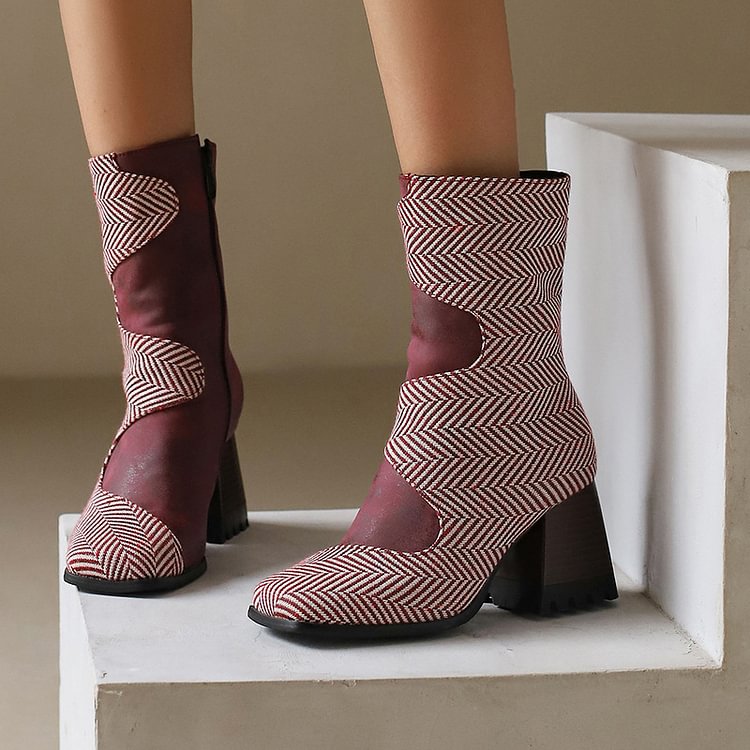 Patchwork-Stiefel mit Schlangenmuster und eckiger Zehenpartie mit klobigem Absatz und mittelhoher Wade