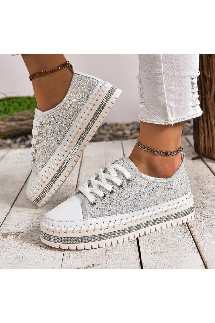 Sneakers casual con lacci e punta tonda con patchwork scintillante e dettagli cuciti 
