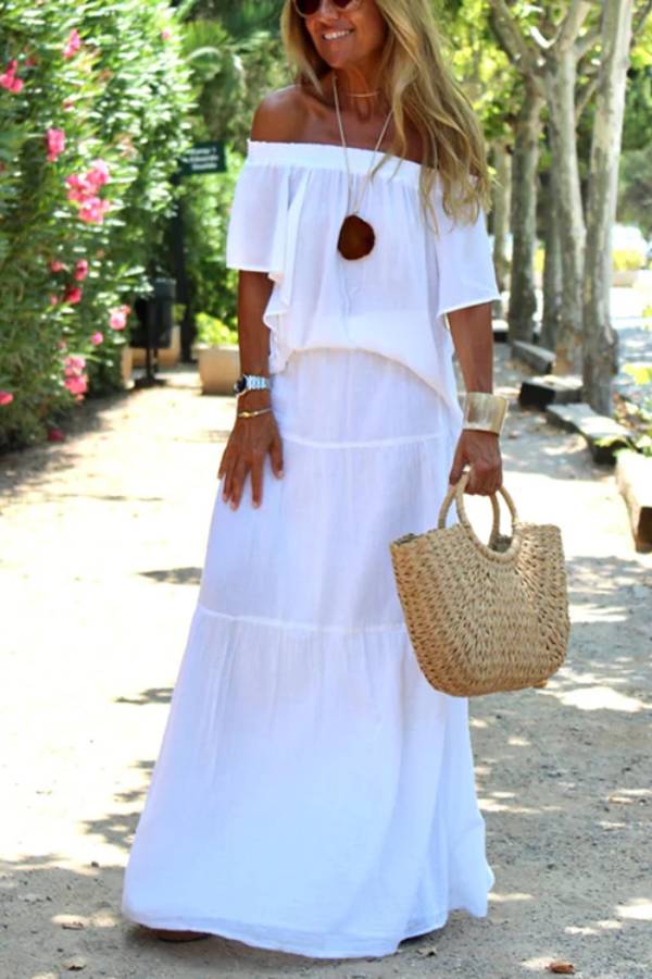 Vestido Maxi Casual Sem Ombro Sólido Praia