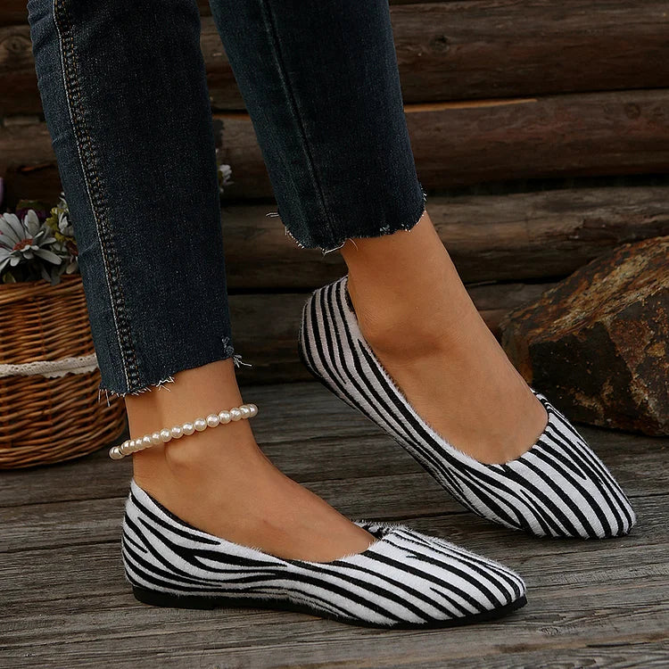 Colorblock Fuzzy Zebra Pattern Pointed Toe Slip On Flats