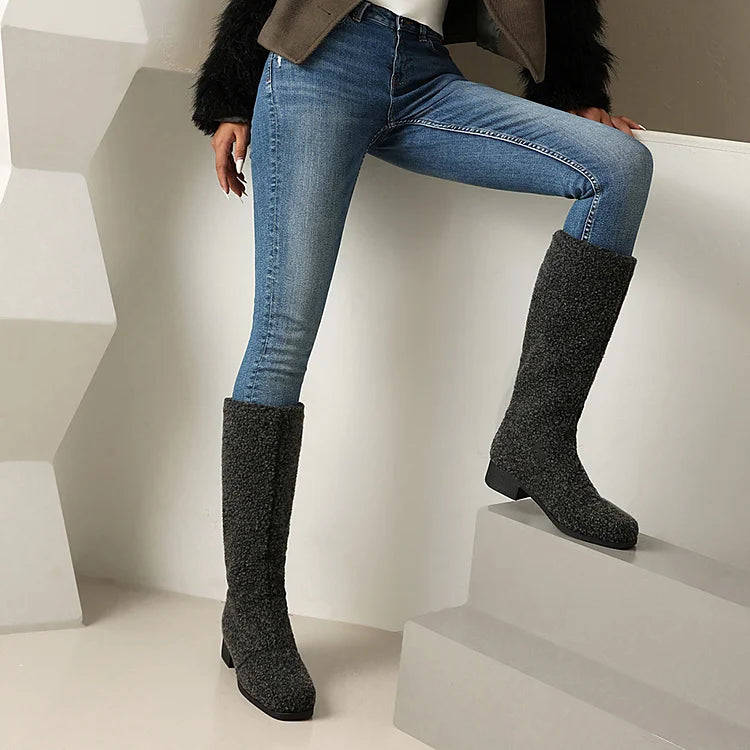 Solid Color Faux Fur Square Toe Chunky Heel Pull On Mid Calf Boots