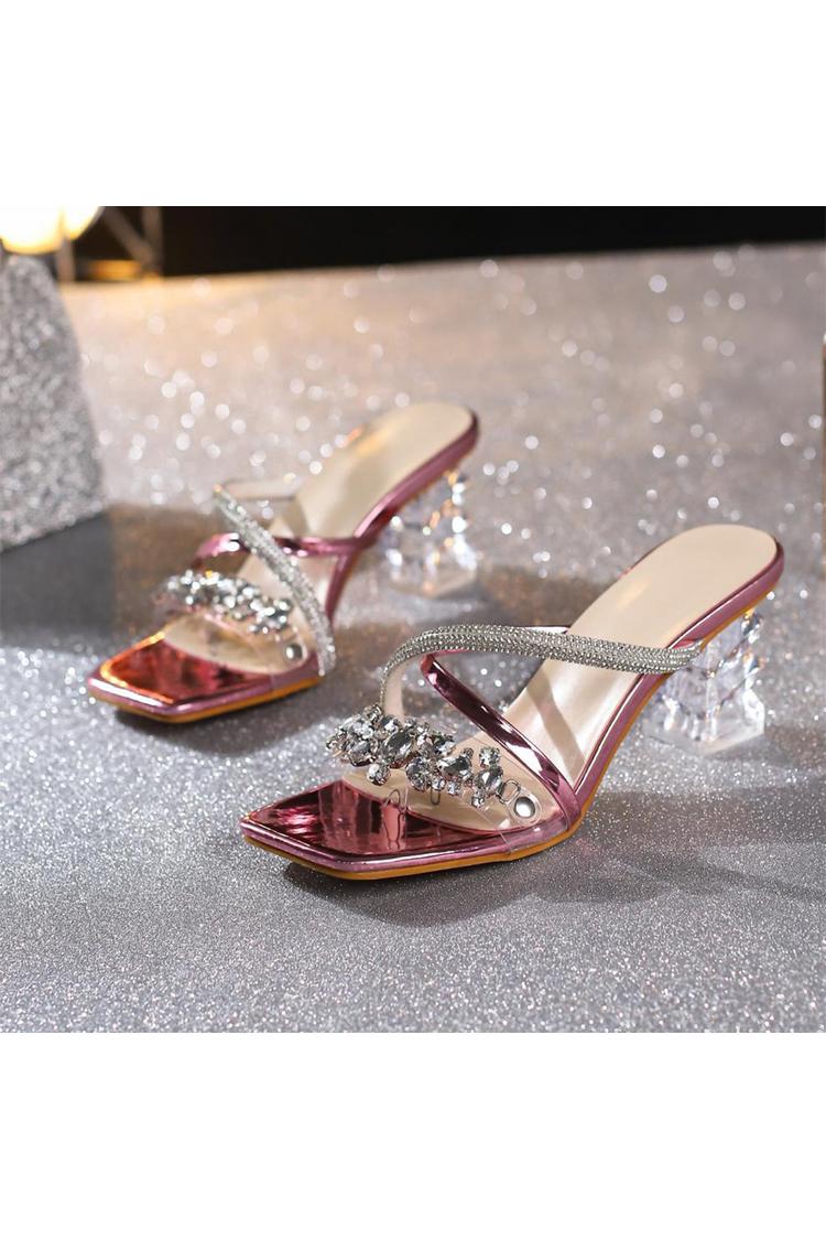 Eleganti tacchi a spillo spessi con punta quadrata, cinturino incrociato e decorazioni in strass 