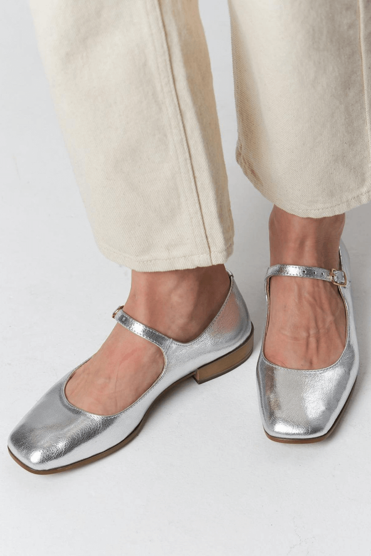 Shimmering Metallic Silver Buckle Strap Square Toe Flats