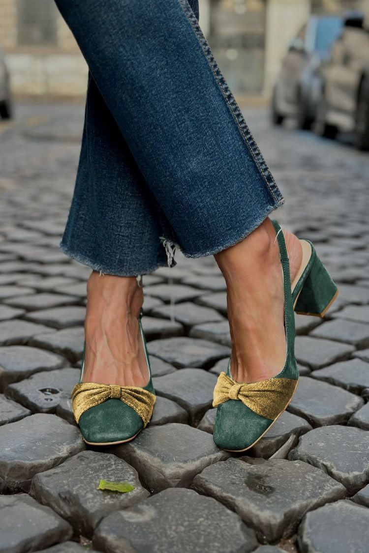 Colorblock Quadratische Spitze Schleife Kunstwildleder Slingback Blockabsätze [Vorbestellung]