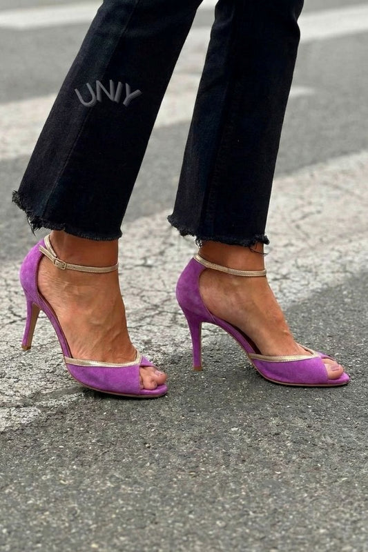 Elegant Purple Faux Suede Open Toe Ankle Strap High Heels