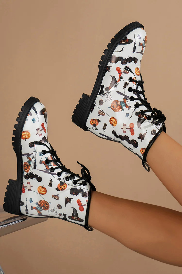 Colorful Floral Print Round Toe Low Block Heels Lace Up Ankle Boots