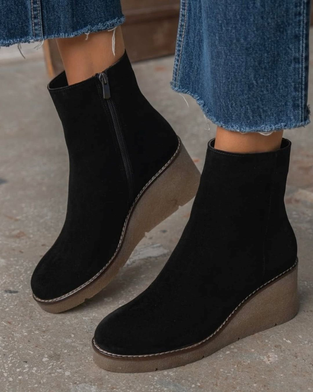 Vintage Keilabsatz Wildleder Seitenreißverschluss Plateau Einfarbige Knöchelstiefel [Vorbestellung]