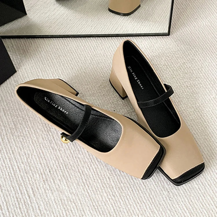 Color Matching Square Toe Instep Strap Buckle Chunky Heels