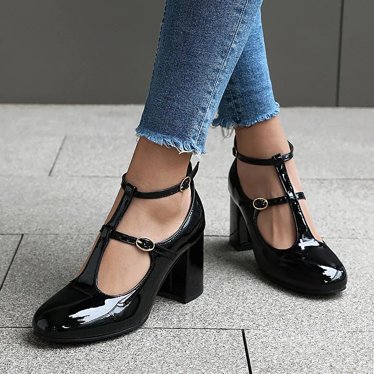 Solid Color Cross Strap Buckle Round Toe Chunky Heels
