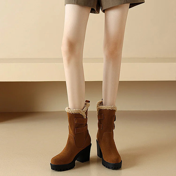 Two Straps Buckles Patchwork Round Toe Chunky Heel Mid Boots