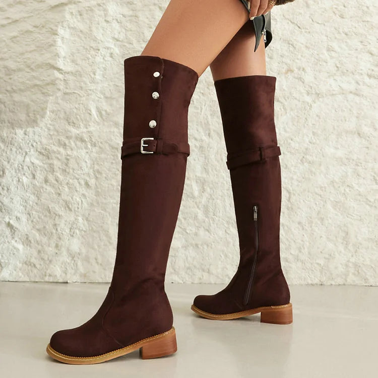 Metal Button Strap Buckle Decor Round Toe Over The Knee Boots